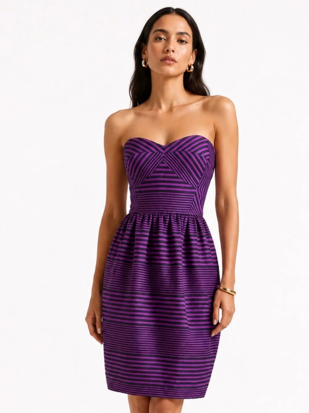 SHOSHANNA Striped Purple Sweetheart Strapless Babydoll Dress Size S